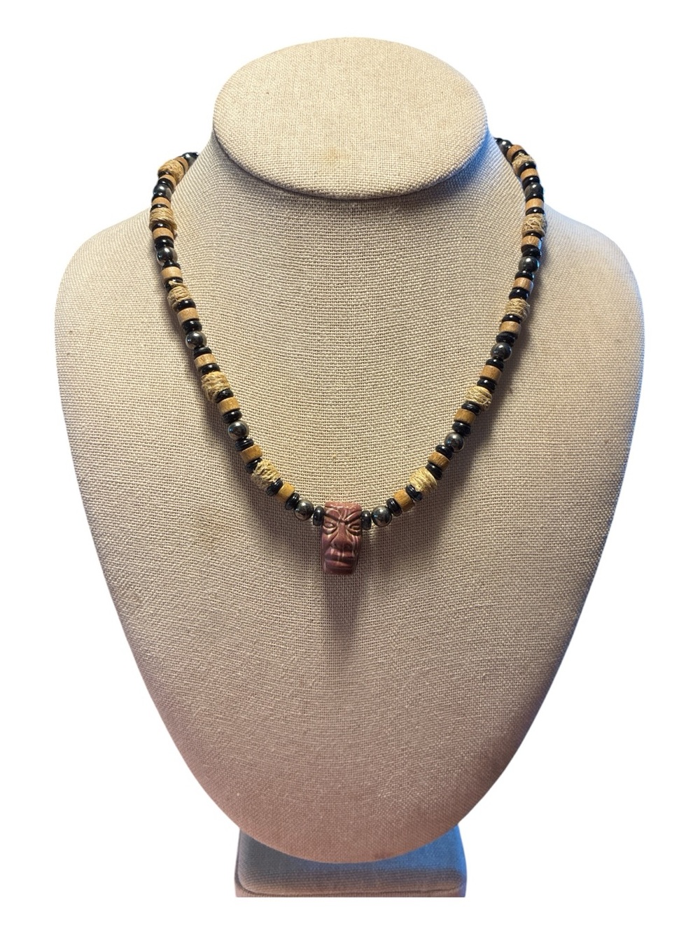 Panama Jack Black and Tan Beaded Necklace with Carved Brown Pendant ~ 16 Inches